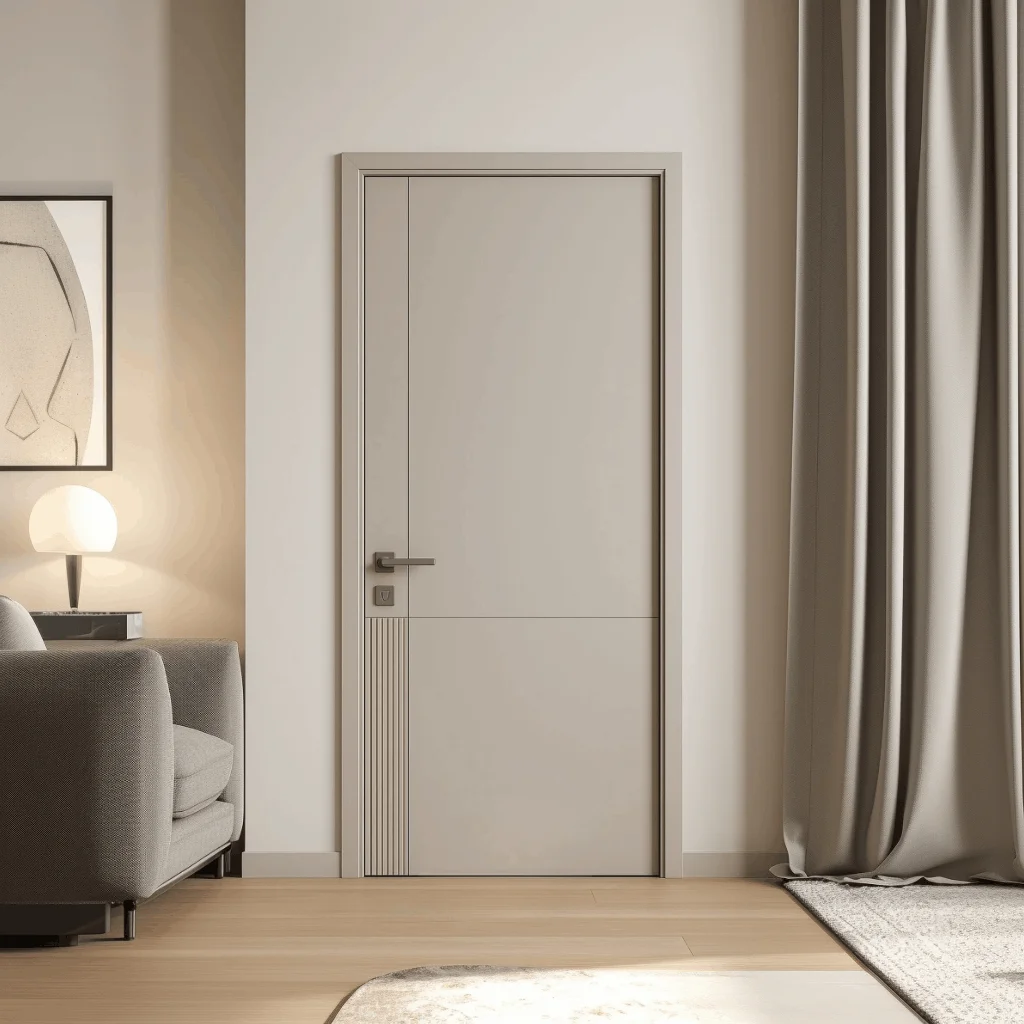 Modern mimariye uygun Bursa Uludor serisi lake iç oda kapısı tasarımı, gri tonlarda minimalist ev dekorasyonu ve yüksek kaliteli iç mekan kapı modelleri görünümü.